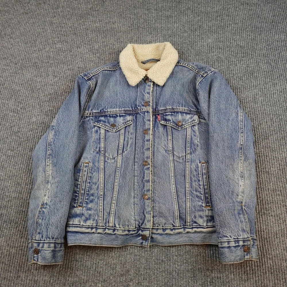 Levis Premium Denim Jacket Mens Small Blue Sherpa Lined Bomber Button Insulated